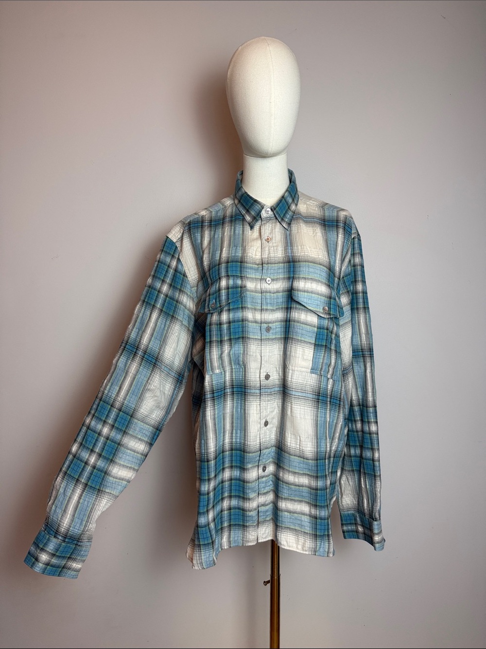 ✨Burberry Men's XL Plaid Blue Check Button Shirt NWOT Extra Button Attached✨
